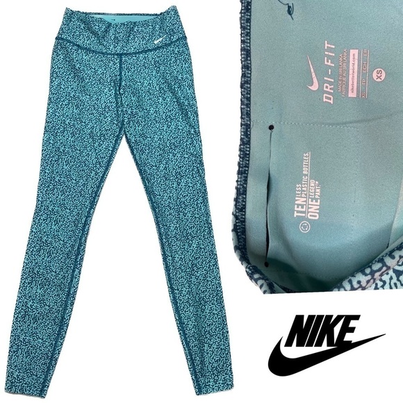 NIKE DRI-FIT LEGGINGS TEAL ONE LEGEND PANT TEN LESS PLASTIC BOTTLES XS - Picture 1 of 16